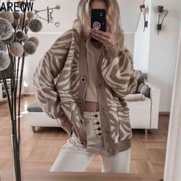 Spring Autumn Oversized Sweater Leopard Cardigan Casual Loose Female Knitted V-neck Jumper Fall Women Clothing 210922