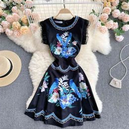 Women's Fashion Summer Sweet Lace Side Sleeveless Printed A-line Black Vest Dress Party Elegant Vestido De Mujer S281 210527
