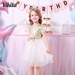 VIKITA Kids Bow Dresses for Girls Kids Evening Wedding Gown Girls Sequins Princess Dress 3-8 Years Children Elegant Dresses 210303