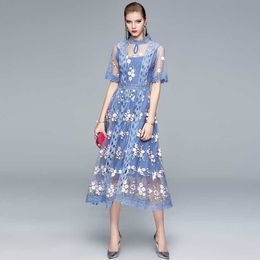 Summer Elegant Flower Embroidery Party Lace Mesh Dress Women Floral Embroideried High quality Female clothing 210529