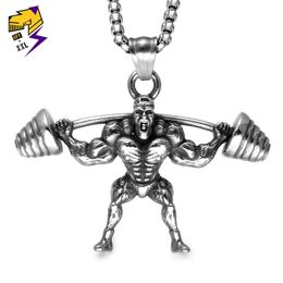 316L Stainless Steel Weightlifting Necklaces Men Silver Colour Link Chains Fitness Muscle Pendant Necklaces Strong Man Jewellery