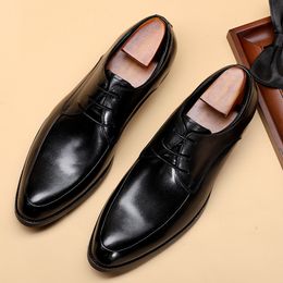 Luxury Mens Dress Shoes Genuine Leather Derby Shoes Black Burgundy Lace Up Pointed Toe Business Formal Wedding Shoes For Men F93