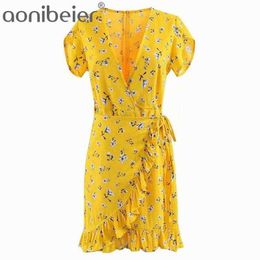 Sundress Summer Short Sleeve Flowers Print Women Wrap Dress Sexy Deep V High Waist Mini Ruffles Hem Casual 210604