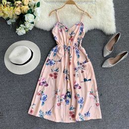 Neploe Flower Print Women Dress 2021 Single Breasted Backless Camis Vestidos Summer V-Neck Pockets High Waist Short Robe 43169 Y0823