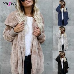 Faux Fur Coat Women Autumn Winter Warm Soft Long Jacket Outwear Plush Overcoat Pocket Buttonless Cardigan with hood 211220