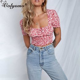Colysmo Chiffon Print Tops Women Vintage Square Neck Short Puff Sleeve Blusas Red Casual Summer Blouse Blue 210527