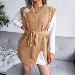 2022 Spring Office Casual Commute Simple Tie-Up Belt Mini Dress Women Fashion Elegant Solid O Neck Knit Tank Slit Party Dress Y1204