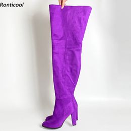 Rontic 2021 Handmade Women Winter Thigh Boots Flock Side Zipper Block Heels Round Toe Purple Casual Shoes Women Us Size 5-20