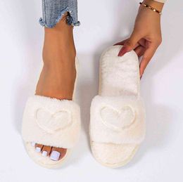 Fashion Women's Slippers Casual Shoes Breathable Outdoor Pure Colour Love Heart Plush Slippers Bedroom Non-slip Soft Floor Shoes H1115