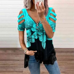 Summer Sexy Off Shoulder Print V-neck Short Sleeve Zipper Midi T-shirt for Women Casual Loose Tunic Tops Tee Plus Size 210720