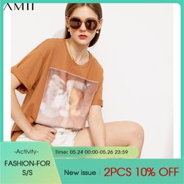 Minimalism Summer Fashion Tshirt For Women Streetwear Printed Oneck Loose 's Tops Vintage 12140340 210527