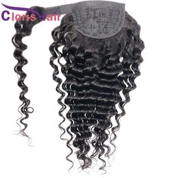 #1B Deep Wave Ponytail Extensions With Magic Paste Raw Virgin Indian Curly Wrap Around Human Hair Ponytails Clip Ins For Black Women