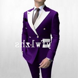 Handsome Double-Breasted Groomsmen Peak Lapel Groom Tuxedos Men Suits Wedding Prom Man Blazer ( Jacket+Pantst+Tie) Y351