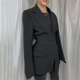 Women Wide Belt Slim Blazer Lapel Long Sleeve Office Lady Suit Coat Fashion Autumn High Street Cardigan Lace up Blazers 211116