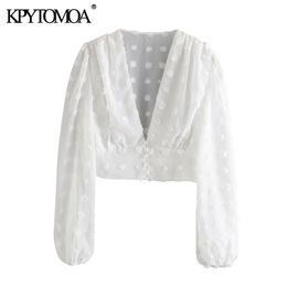 KPYTOMOA Women Fashion See Through Dot Chiffon Cropped Blouses Vintage Deep V Neck Lantern Sleeve Female Shirts Chic Tops 210225