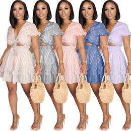 CM.YAYA Women Summer Beach Striped Short Sleeve Cut Out Tie Up V-neck Bohemian Fit Flare Dress Sexy Dresses Vestidos 210302