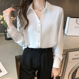 Korean Women Silk Shirts Satin Blouses Long Sleeve Tops Woman White Blouse V-neck Top Plus Size 220307