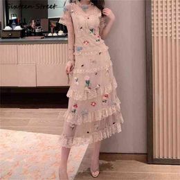 Retro Embroidery Dress Woman Summer High Waisted Short Sleeve Maxi Vestido es Perspective Mesh Elegant Party 210603