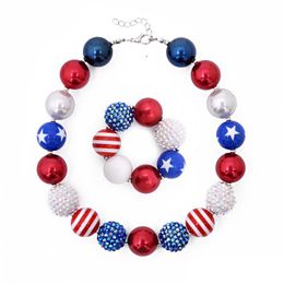 60 Design Baby Girl Pendant Chunky Bead Necklace Bracelet American Flag Unicorn Diamond Rose Skull Head Bow Bubblegum Toddler Party