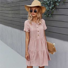 Spring Solid Short Dress Women Casual O Neck Button Summer Dress Ladies Loose Short Sleeve A Line Dresses 210715