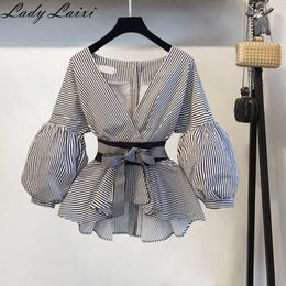 Blouses femme Women Fashion Long Sleeve V-Neck Lantern Bow Belt Bandage Top Work Office Lady Shirt 210529