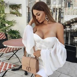 Chic White Mini Dress Puff Sleeves Sexy Backless Celebrity Party Club Satin 210527