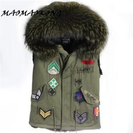 Winter Fur Vest Hooded British Style Army Green Colour Real Raccoon Fur Collar Women Gilets Brand 210817