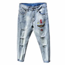 2021 Denim Jeans Men Spring Brand Stretch Korean Hole 3D Embroidery Printing Young Boys Teenager Students Harem Cargo Pants