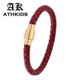 Charm Bracelets 2021 Fashion Red Genuine Braided Leather Bracelet Men Women Magnetic Clasps Male Female Jewellery PD0251R