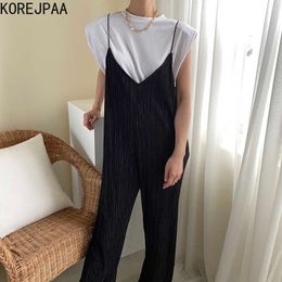 Korejpaa Women Sets Summer Korean Chic Ladies Niche Loose Flying Sleeve T-Shirt V-Neck Pleated Wide-Leg Suspender Jumpsuits 210526