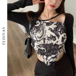 Yedians Vintage T Shirt Long Sleeve T-shirt Women Patchwork Slim Tee Femme Asymmetrical Crop Tops Sexy Female 210527