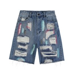 Men Printing Short Jeans Designer Hole Hip Hop Casual Stretch Letter Couples Denim Trousers Fashion Trend Womens High Streetwear Jean Shorts