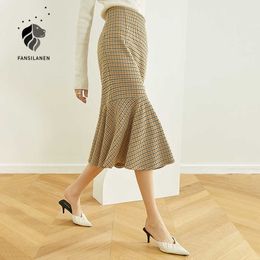 FANSILANEN Vintage plaid long trumpet skirt Women ruffle high waist checkered Autumn winter elegant bodycon 210607