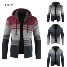 FALIZA Men's Sweater Coat Autumn Winter Thick Warm Hooded Stripe Wool Sweater Cardigan Jumpers Zipper Fleece Coat Men XY103 201006