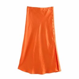 Solid Satin Elastic waist Women Side Slit Midi Skirt New Fashion Casual Lady Button decoration Slim A-Line Skirts P1597 210309