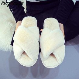 Women Fluffy Winter Sandal Cross Plush Open Toe Sandal Soft Flat Shoes Warm Faux Fur Slipper Home Female Shoes furry slippers Y0406