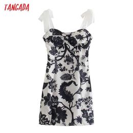 Tangada Women Flowers Print Beach Dress Strap Adjust Bow Sleeveless Fashion Lady Mini Dresses Vestido 2W173 210609