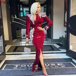 Sexy V Neck Burgundy Velvet Prom Dresses For Black Girls Long Sleeves Ankle Length Plus Size White Lace Appliques Formal Evening Occasion Gowns WJY591