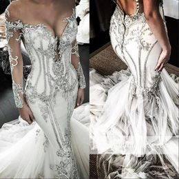 Arabic Mermaid Wedding Dresses Sheer Neck Crystals Beads Sequins Plus Size Wedding Dress Lace Appliques Buttons Long Sleeves Bridal Gowns