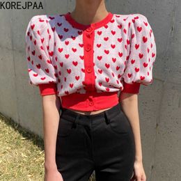 Korejpaa Women Sweater Summer Korean Chic Girl Sweet Age Reducing Love Embroidery Single-Breasted Puff Sleeve Knit Cardigan 210526