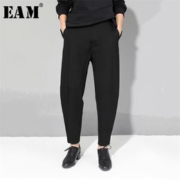 [EAM] Spring Autumn High Elastic Waist Black Loose Patchwork Split Joint Brief Pants Women Trousers Fashion JQ013 211105