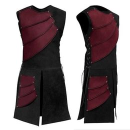 Fashion Men Hot Tops Theme Party Mediaeval Costumes Archer Leather Armour Retro Viking Renaissance Sleeveless Patchwork Cosplay Y0903