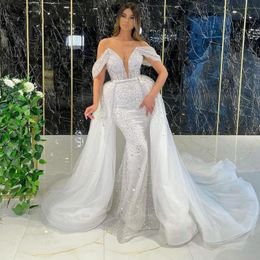Off Shoulder Sequined Mermaid Evening Dresses with Detachable Train Short Sleeves Formal Prom Gowns Robe De Soiree