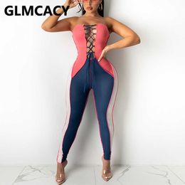 Women Strapless Colour Block Bandage Bodycon Jumpsuits 210702