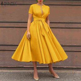 ZANZEA Casual Short Sleeve Holiday Sundress Women Elegant Solid Maxi Dress Summer Vintage Party Belted Vestidos Button OL Kaftan Y1204