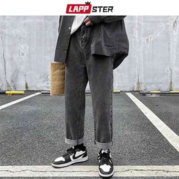 LAPPSTER Men Grey Streetwear Baggy Jeans Mens Kpop Solid Denim Pants Couple High Waisted Vintage Oversized Joggers 210723