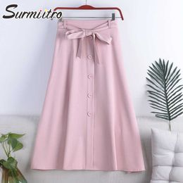 SURMIITRO Cotton Summer Midi Skirts Women Korean Style Pink Button Aesthetic High Waist Mid-length A Line Skirt Female 210712