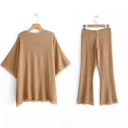 Autumn camel color knitted sweater women tops Za Style O neck half sleeve tassels rough edge Stylish Casual loose tops femme 210709