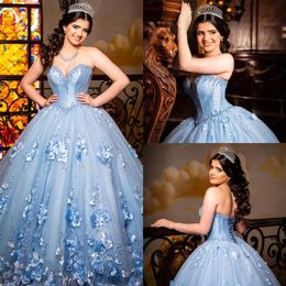 2021 Light Sky Blue Sweet 16 Dresses Prom Tulle Hand Made Flowers Pearls Tulle Sweetheart Corset Back Plus Size Quinceanera Dress Womens