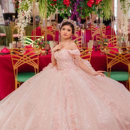 Floral Charro Quinceanera Dresses Pink Off the Shoulder Lace Embroidery Princess Sweety 16s Girls Masquerade Party Gowns298g